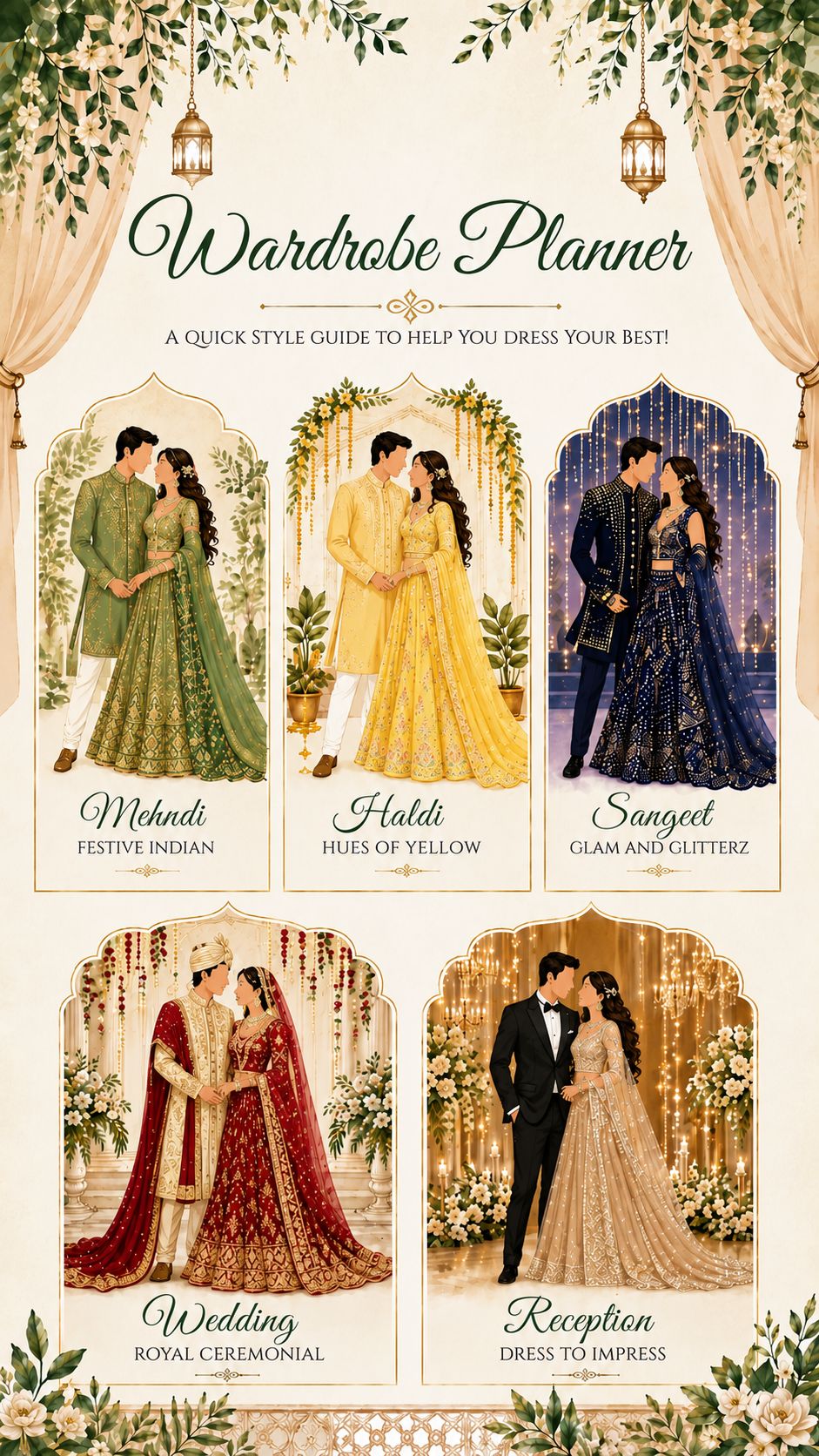 Wardrobe planner style guide for Mehendi, Haldi, Sangeet, Wedding, and Reception